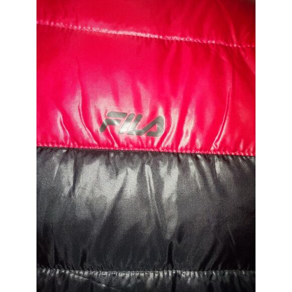 Fila Men's Puffer Jacket XXL Vintage 90s Full Zip Hidden Hood Pockets Black Red - Picture 3 of 11